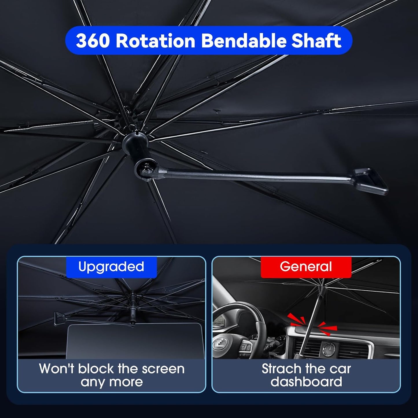 helloleiboo Foldable Car Windshield Sun Shade Umbrella 360°Rotating 55"x30"Sunshade for Car Windshield Front Window Reflective Polyester Blocks Heat Automotive Interior Sun Protection for Cars Trucks