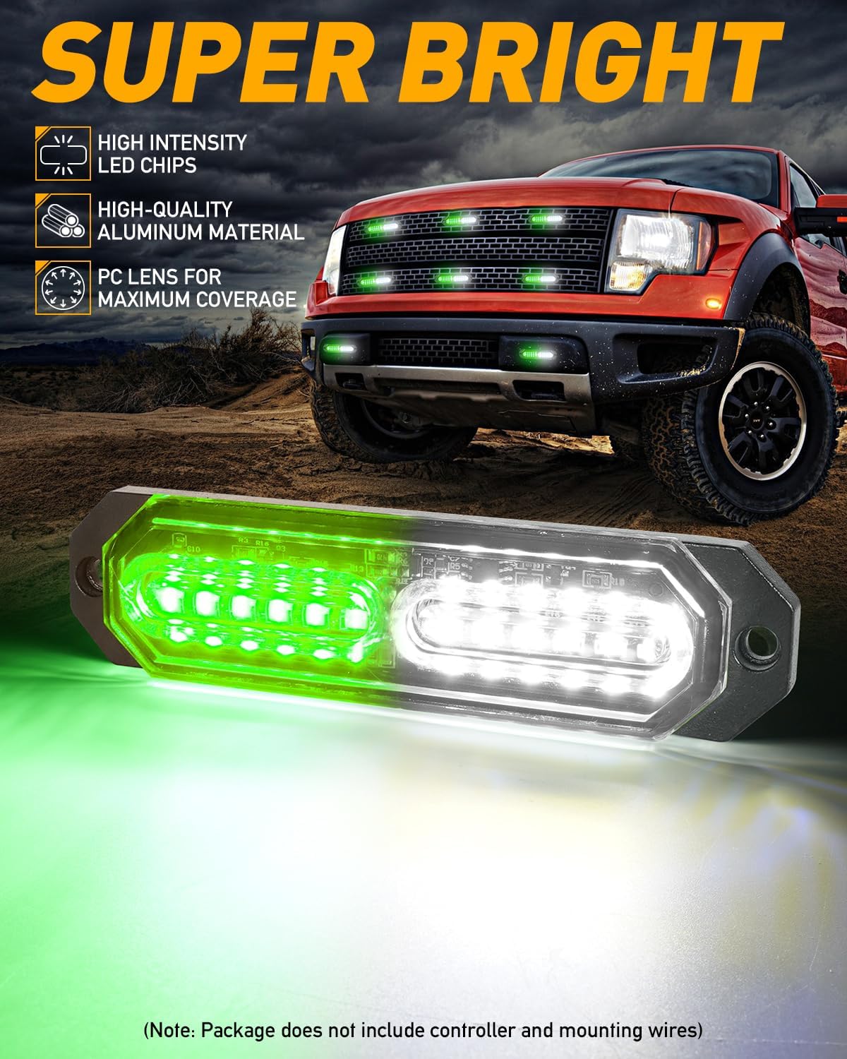 HLauto 1200T Emergency Strobe Grille Lights: 8pcs 12 LED Sync Feature Safety Warning Flashing Lights, Ultra Slim Surface Mount Hazard Caution Lights for Trucks, Vehicles, Car, ATV, UTV (Green White)