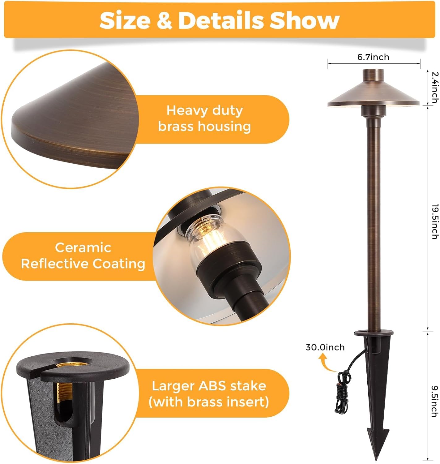 Gardencoin Solid Brass Low Voltage Pathway Lights (6.7'' Shade, 21.9'' Tall), 12V AC/DC Heavy Duty LED Landscape Path Lights Outdoor Wired, Antique Bronze Walkway Lights with Larger Stake, 4-Pack