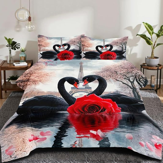 Swan Comforter Set Twin Size Couple Red Rose Bedding Set for Women Men Aesthetic Romantic Bedding Soft Down Alternative Comforter Sets for All Season Great Valentine's Day Bedroom Decor
