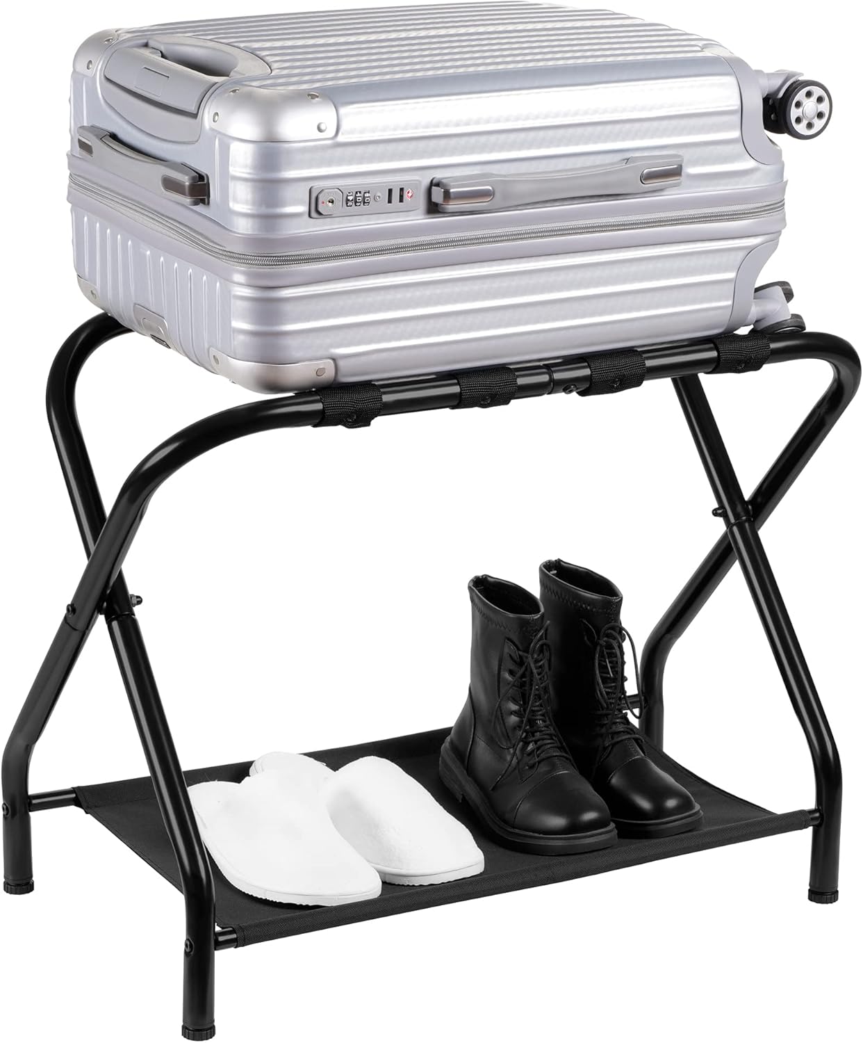 Heybly Luggage Rack, Pack of 2, Steel Folding Suitcase Stand with Storage Shelf for Bedroom, Hotel, Foldable Steel Frame, Guest Room Bedroom Hotel, 26.2" L x 14.4" W x 20.5" H, Black HLR004B2