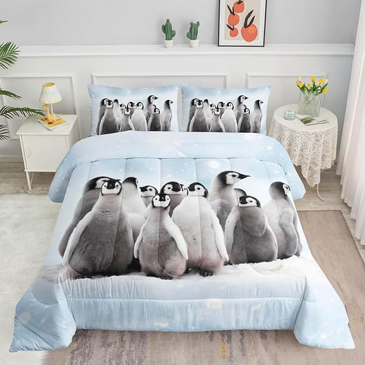 Bedding Comforter Set Penguin Snow Printed Pattern Quilt Bedding Set with 1 Comforter and 2 Pillowcases for Girls and Boys Bedroom All Season(Penguin Full)