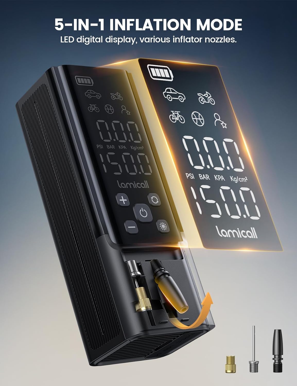 Lamicall Portable Car Tire Inflator - Air Compressor [150 PSI] [4X Faster] Cordless Car Air Pump with Rechargeable Battery, Digital Display Pressure Gauge, LED Light, for Cars, Motorcycles, Bike, Ball