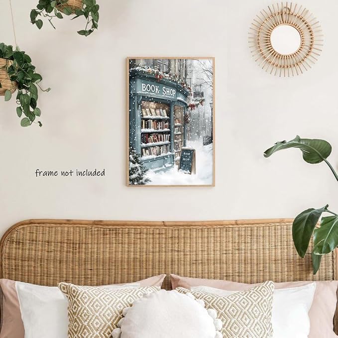Vintage Christmas wall art Winter Book Shop Poster Print Book Lovers Gift Reading wall art Bookshop Wall Decor Winter Landscape Painting Room decor Aesthetic Unframed16x24inch