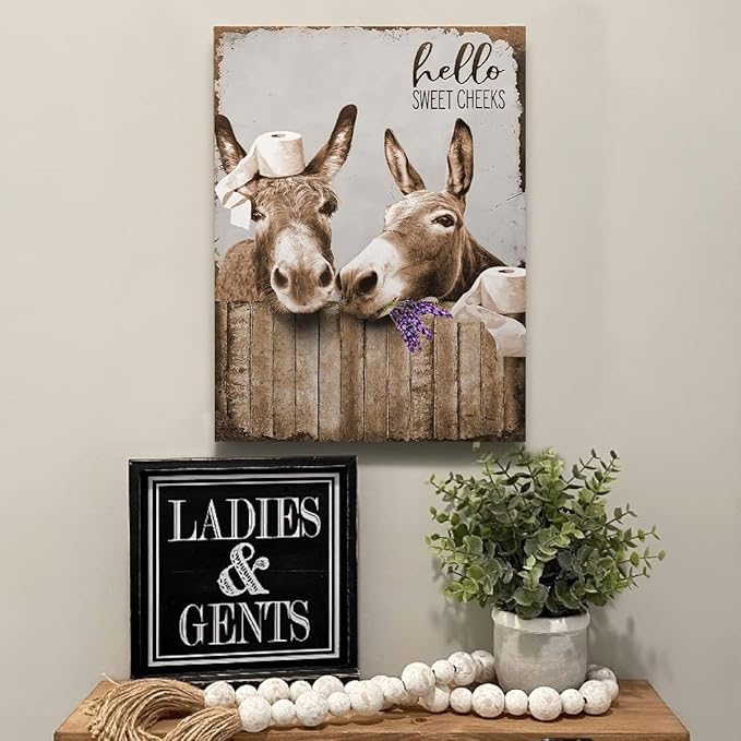 Canvas Wall Art Donkey Pictures for Bathroom Decor - Funny Farmhouse Painting Toilet Prints - Rustic Animals Artwork Framed 12"x16"