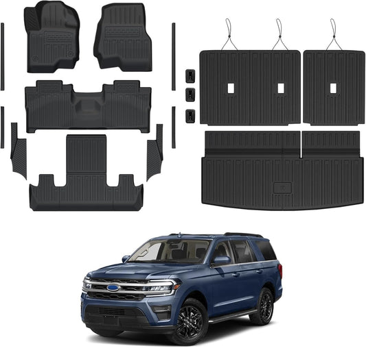 Floor Mats Set for 2018-2024 Ford Expedition/Lincoln Navigator 7 Seats Accessories, Full Coverage All Weather Cargo Mat with Backrest Protectors & Door Sill Guards (Not fit Max or L Model)