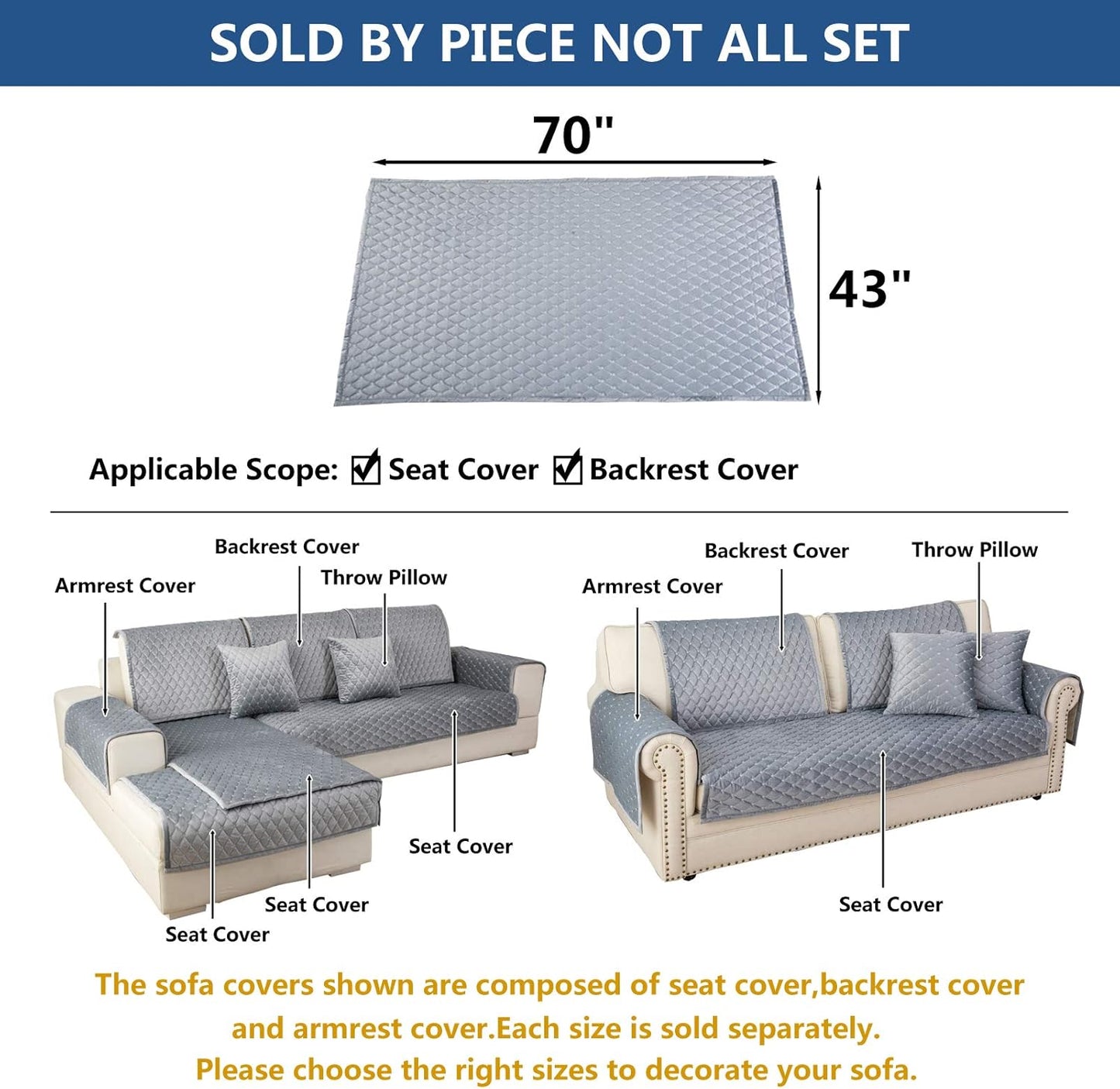 Eismodra Couch Cover,Sectional Couch Covers,Sofa Covers for 3 Cushion Couch,Anti-Slip Sofa Slipcovers for Dogs Cats Kids Loveseat Recliner L Shaped Armrest Backrest,Light Gray 43''x70''(Only 1 Piece)