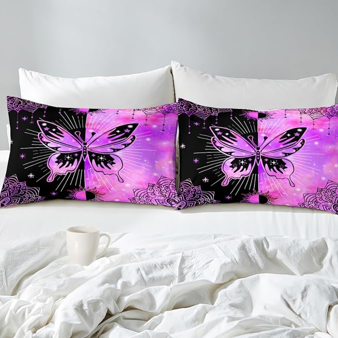 Butterfly Comforter Set for Girls Women, Butterfly Bed Set, Boho Butterflies with Sun and Moon Printed Bedding Sets, Black Purple Butterfly Comforter Set Full Size with 2 Pillowcases