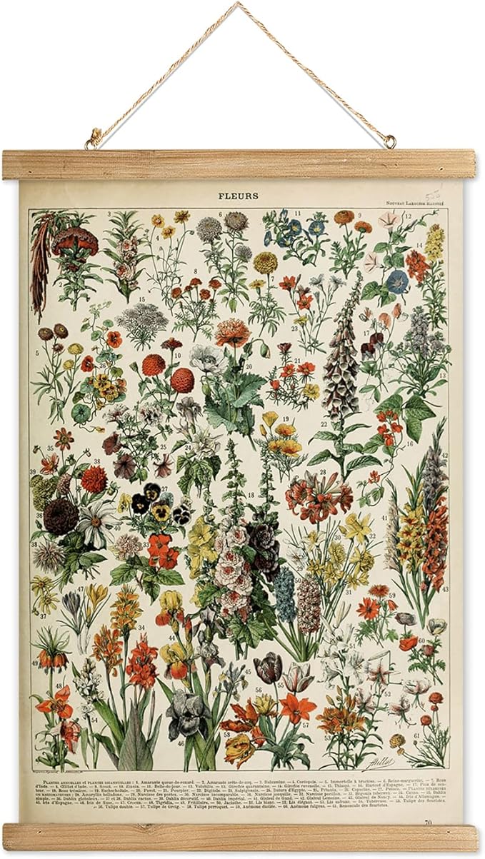 XIAOAIKA Vintage Wildflower Hanging Poster with Wooden Frame, Retro Style Wall Decor Detailed Floral Illustration- Educational Botany Wall Art for Gardeners Home Decor Classroom 16 x 23 Inches
