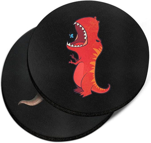 WIRESTER, Red T-Rex Dinosaur, Triceratops Dinosaur Design Absorbent ROUND Fabric Felt Neoprene Car Coasters for Drinks (2.87 inches), 2pcs Set