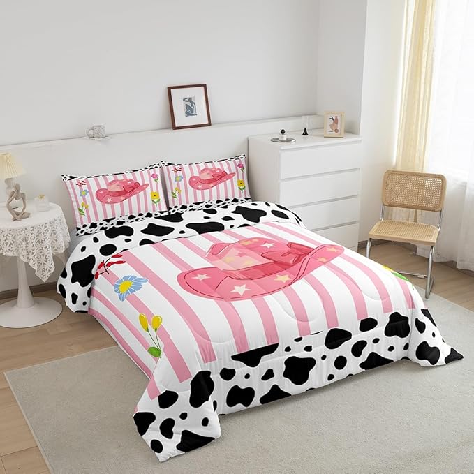 Western Cowgirl Comforter Set Full Size,Pink Cowboy Hat Bedding Sets for Kids Girls Boys Teens Room Decor,Black White Cow Fur Print Quilt Set Cartoon Sweet Striped Duvet Insert,2 Pillowcases
