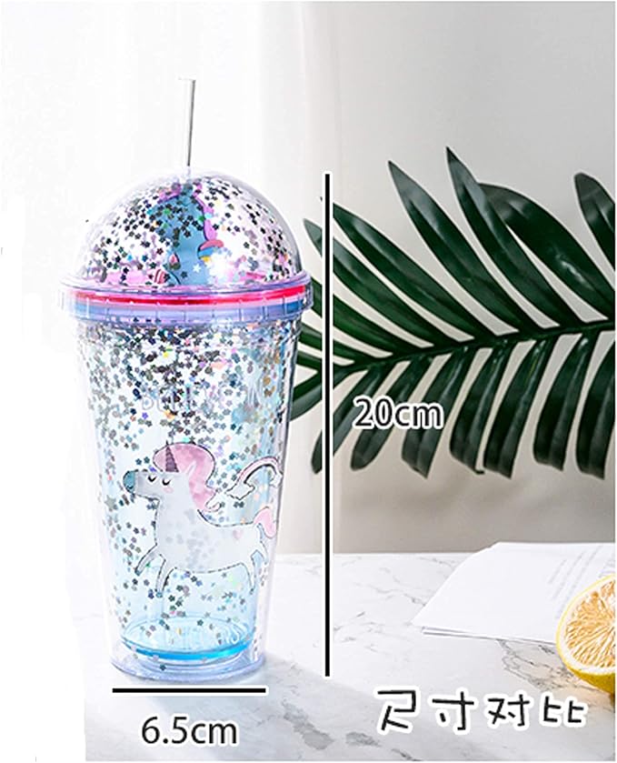 Unicorn Drinking Cup with Straw Kid Travel Tumbler Glitter Ice Coffee Mugs Plastic Cup for Party Gift (pink unicorn, 6.5 * 20cm))