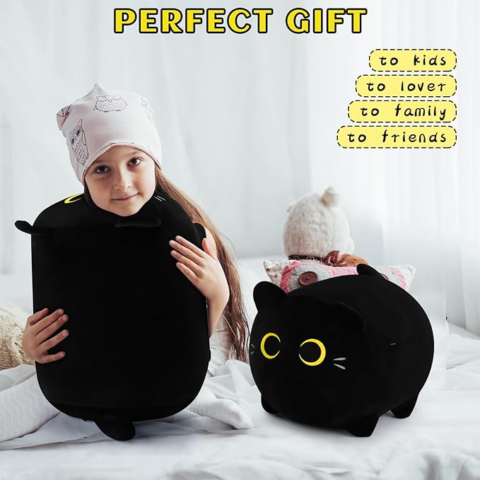Black Cat Plushie-16'' Anime Cat Plushie, Gold Eyes Plush Cat, Potsche Kids Sofa Pillow, Birthday Gift for Kids Girls & Boys