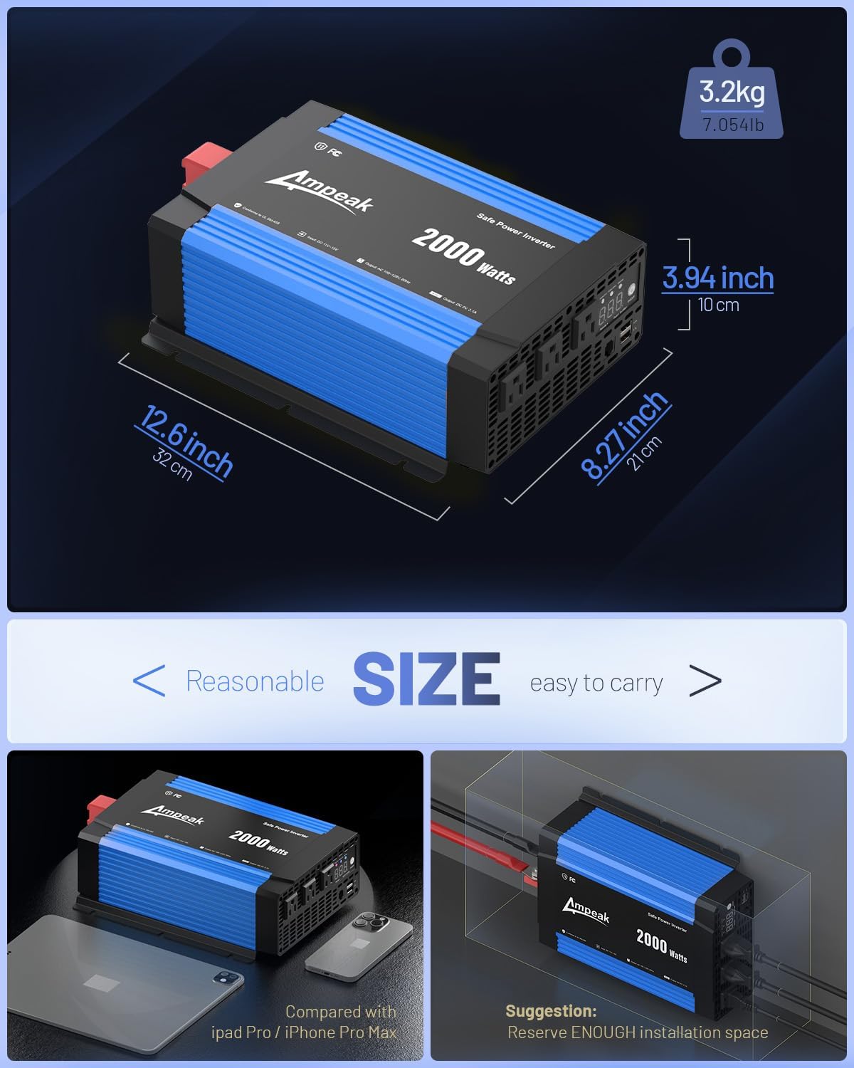 Ampeak 2000W Power Inverter Conversion Efficiency 89.37% Inverter 12V to 110V 3AC Outlets Dual 5V/3.1A USB Ports Modified Sine Power Inverters for Vehicles