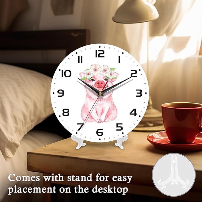 Wall Clock, 10 Inch Silent Non-Ticking Home Kitchen Decor, Battery Operated for Bathroom Bedroom Living Room Office(Cute Pig Flower)