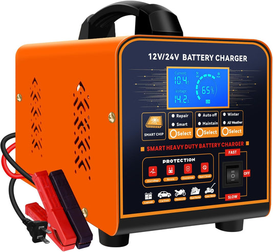 SolaMr 12V 24V Heavy Duty Car Battery Charger, 0-20A Trickle Charger for Car Truck Motorcycle Lawn Mower Battery AGM, Metal Case Smart Battery Maintainer with Automatic Shutoffs, Repair, Winter Mode