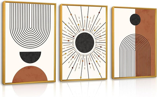 Ausril Minimalist Boho Framed Canvas Wall Art Set, Neutral Geometric Line Sun Wall Decor, Mid Century Wall Painting, Abstract Modern Bohemian Art Print for Living Room, Bedroom, Office -16"x24"x3