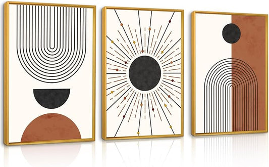 Ausril Minimalist Boho Framed Canvas Wall Art Set, Neutral Geometric Line Sun Wall Decor, Mid Century Wall Painting, Abstract Modern Bohemian Art Print for Living Room, Bedroom, Office -24"x36"x3
