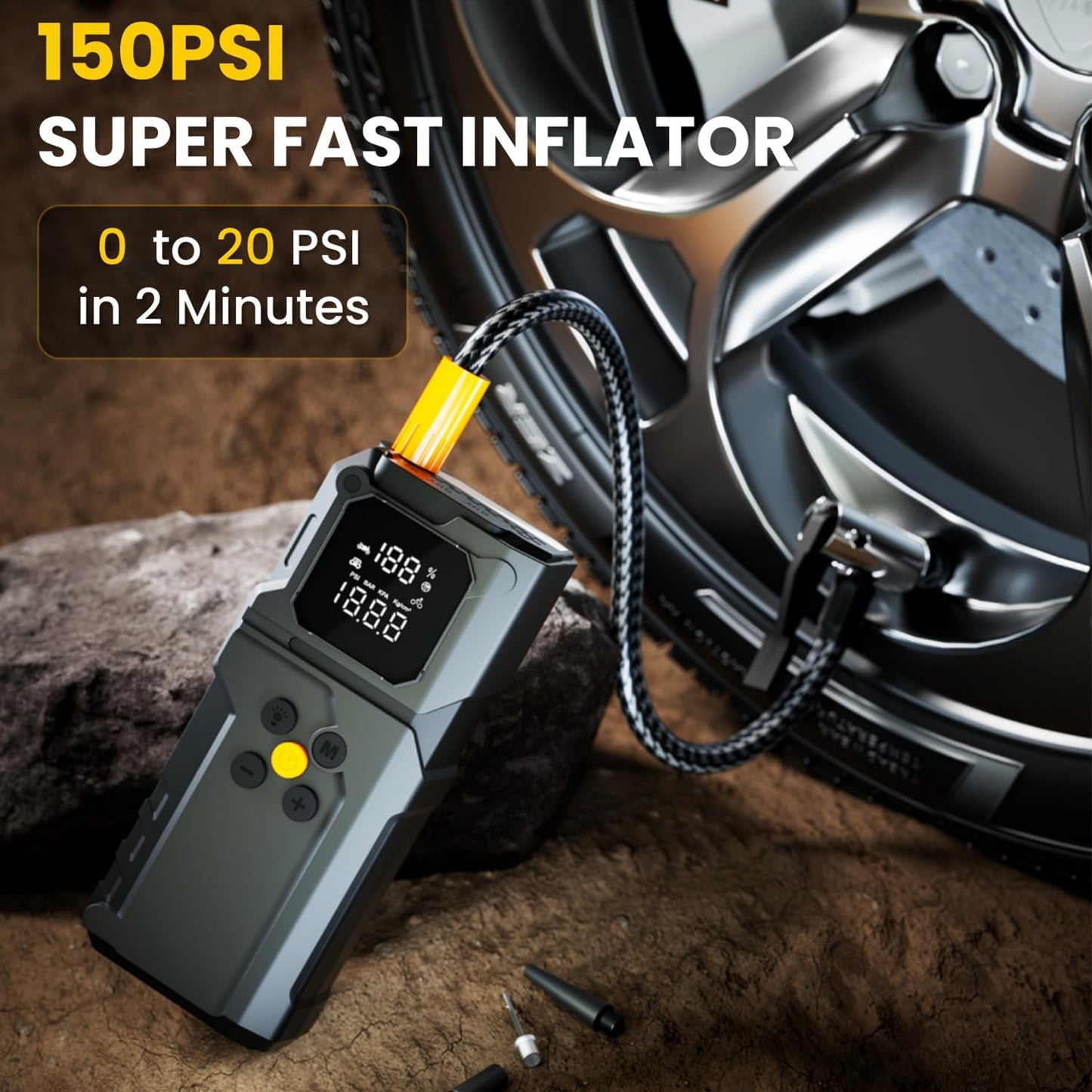 Jump Starter with Air Compressor, 4000A Jump Starter Battery Pack with 150PSI Tire Inflator, Portable Air Compressor, 12V Jump Starter for 9.0L Gas 7.0L Diesel Engines, Jumper Cables, Flashlight