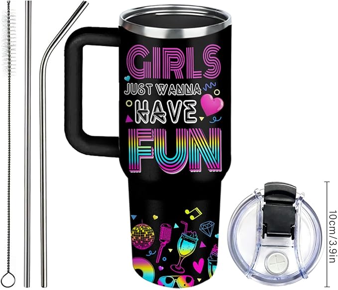 WWHSAl Girls Just Wanna Have Fun Neon Girl Tumbler 40oz with Handle, Funny Girls Night Bachelorette Party Slumber Party Pajama Partys Coffee Cup Trendy Gift for Teen Girl Birthday