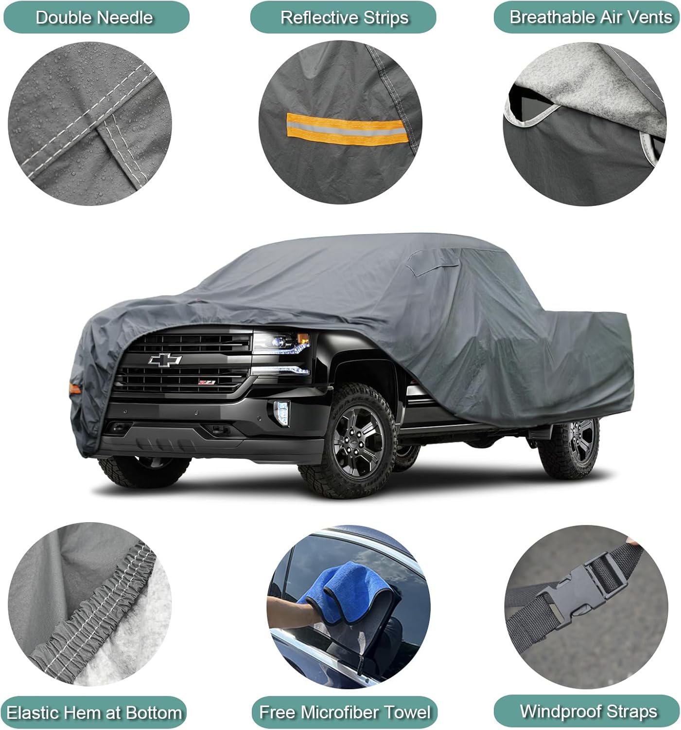 16 Layers Truck Cover Waterproof All Weater - See Vehicle Size Chart - Heavy Duty Outdoor Truck Pickup Cover for Chevrolet Colorado, Toyota Tacoma/Tundra etc. Length up to 220 inch.