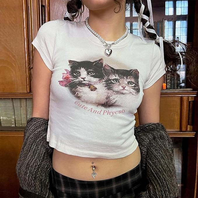 Women Girls Y2K Crop Top Letter Print Baby Tees Grunge T-Shirt