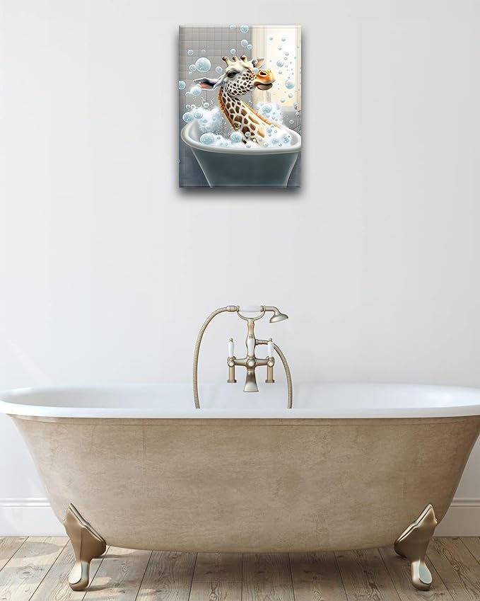 UPWOIGH Funny Bathroom Wall Art, Colorful Giraffe Wall Decor, Waterproof Wood Framed Canvas Wall Art Bathing Animals Abstract Prints, 30x40CM High-end Pictures for Bedroom Kids Room Dormitory 1 Pack
