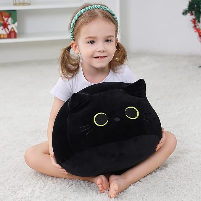 Black Cat Plush Toy 16'' Black Cat Pillow, Soft Plush Doll Black Cat Stuffed Animal, 3D Black Cat Plushies Pillow Baby Cute Plush Toys Shape Cat Design Sofa Fat Pillow Gifts for Boys Girls