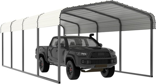 12x20 FT Outdoor Carport with Metal Roof, Heavy Duty Metal Carport Canopy, Garage Car Shelter Shade for Car, Truck, Boat, Eggshell