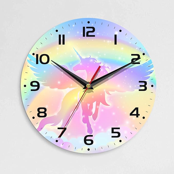 Wall Clock, 10 Inch Silent Non-Ticking Home Kitchen Decor, Battery Operated for Bathroom Bedroom Living Room Office(Rainbow Unicorn)