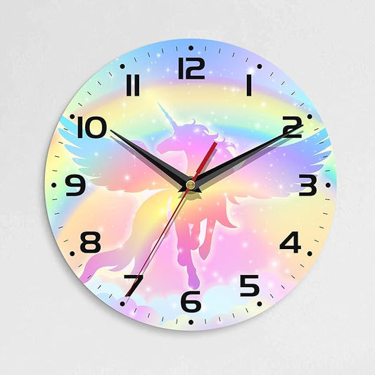 Wall Clock, 10 Inch Silent Non-Ticking Home Kitchen Decor, Battery Operated for Bathroom Bedroom Living Room Office(Rainbow Unicorn)