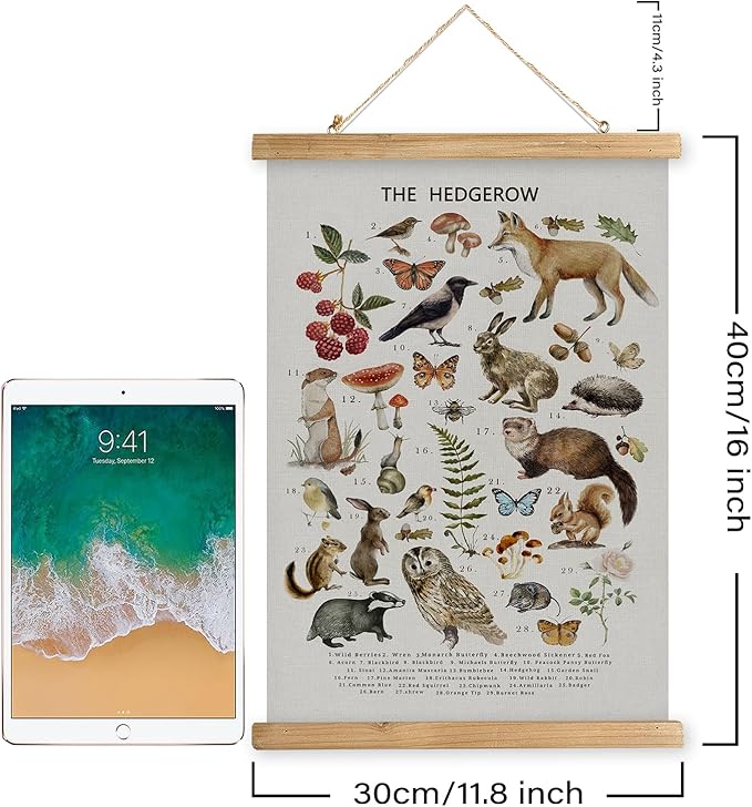 XIAOAIKA British Hedgerow Wildlife Educational Poster - Illustrated Nature Chart with Wooden Frame - Countryside Animals and Plants Wall Art for Home, School, or Nature Reserve Decor 12 x 16 Inches