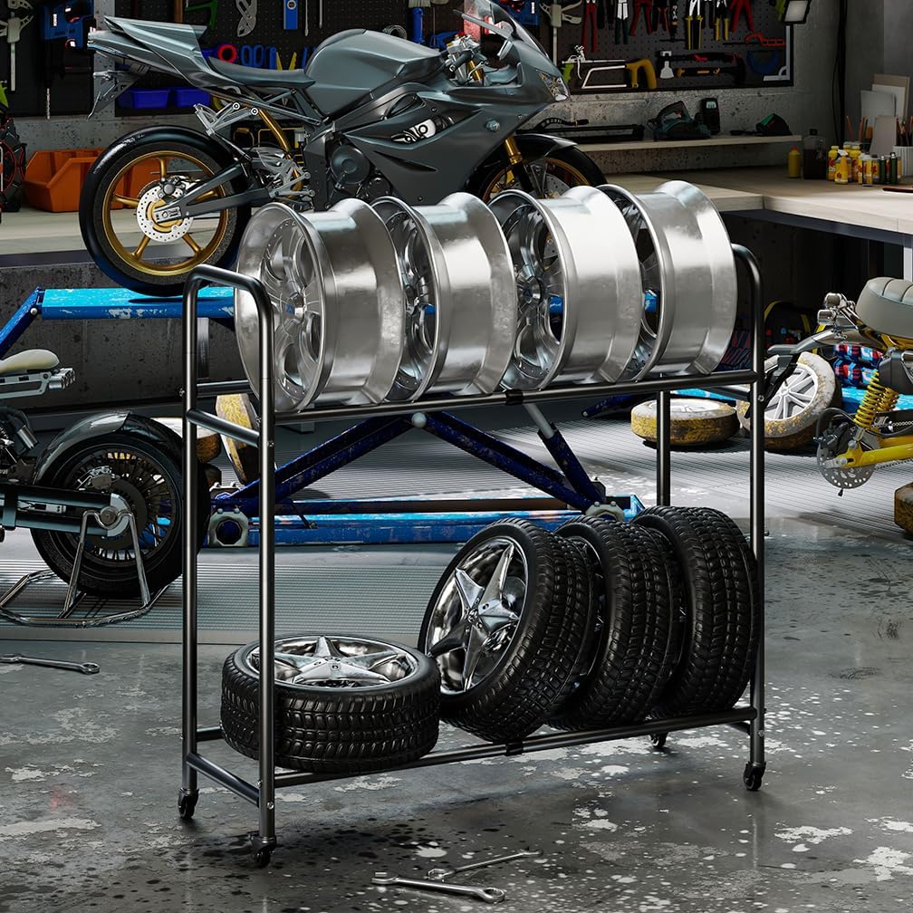 Hershii Tire Storage Rack Standing Garage Storage Shelf Organizer for Indoor Outdoor Use, Rolling Tire Rack Adjustable - Black 24.80-42.51'' X 15.35'' X 44.09''