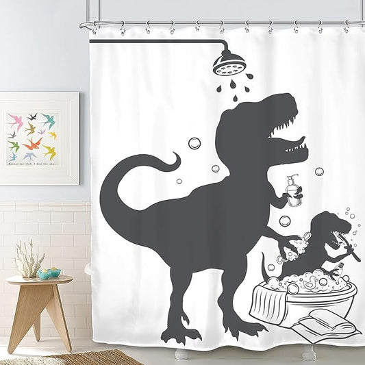 SVBright Kids Funny Dinosaur Shower Curtain 60Wx72L Inch Cartoon Animal Dino Taking Shower Silhouette Shadow Cute Boys Cool 12 Pack Hooks Polyester Waterproof Fabric Bathroom Bathtub Panels