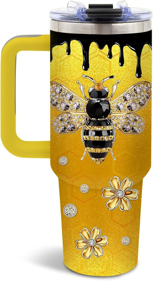 Bee Tumbler 40 Oz, Stainless Steel Insulated Mug with Glitter Accents, Empowering Bee Gifts for Women, Suitable for Nature Lovers, Feminine and Luxurious Gift for Her