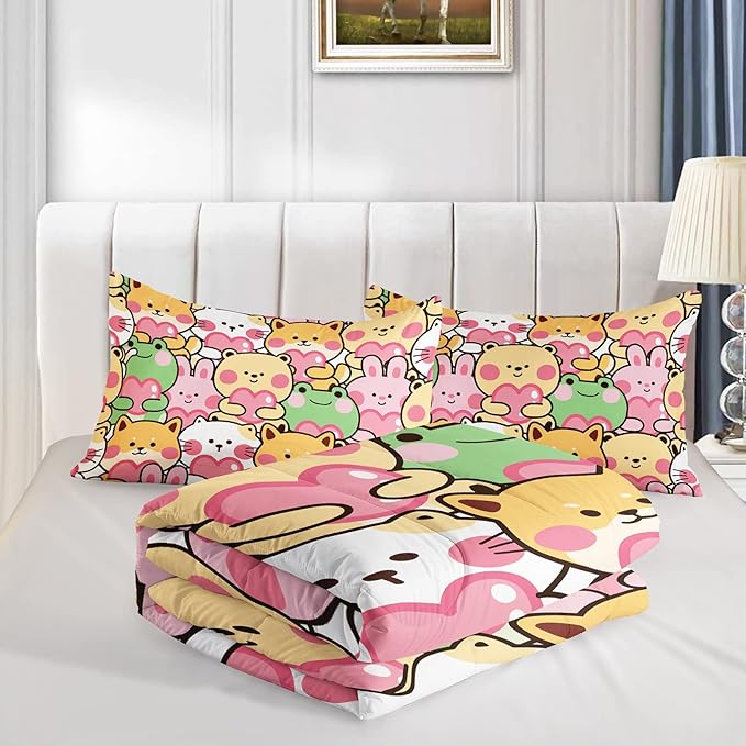 BSNTHO Cute Animal Comforter Set for Girls Kids Full Size Reversible Kawaii Dog Cat Frog Rabbit Bear Bedding Cartoon Pet Kitten Puppy Toddler Bedroom Collection 3Pcs Super Soft Lightweight