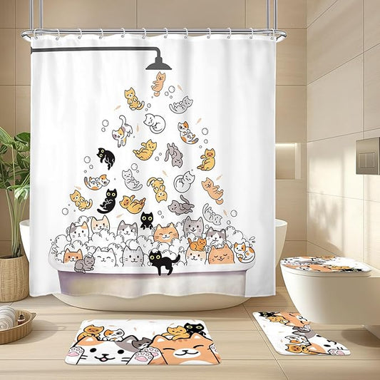 SVBright 4PCs Kids Bathroom Sets Cat Shower Curtain Set 72Wx72H Cartoon Cute Animal Funny Child Bathroom Rug Quick Dry Bath Rug Mat Toilet Mat U-Shape Cover Nonslip Washroom Decor Shower Accessories