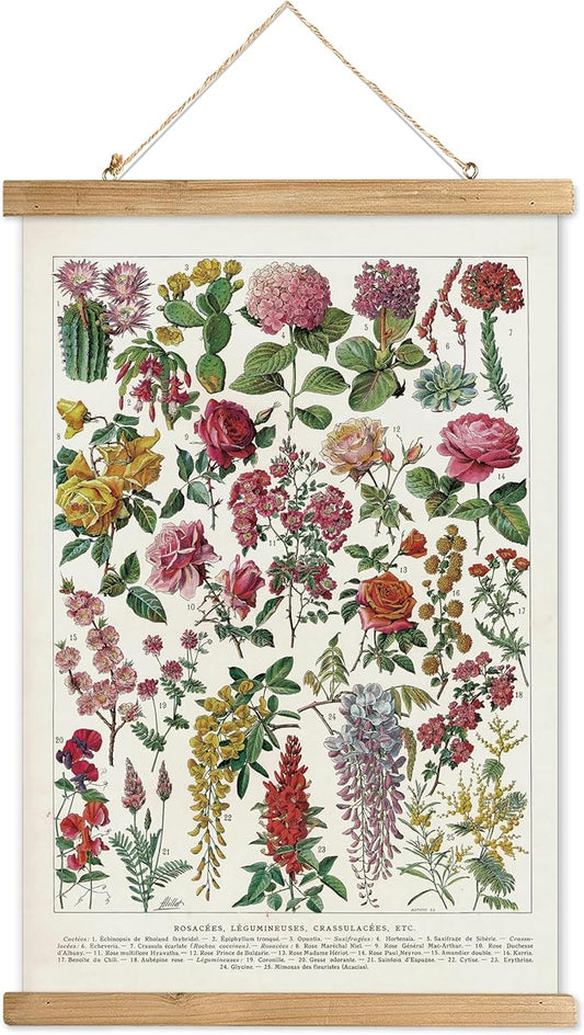 XIAOAIKA Vintage Wildflowers Poster Hanger Frame, Retro Style Wall Decor Art Painting, Patterns are Printed on Linen Without Fading, Scrolls Made of Fir are Durable (16 x 23 inches)