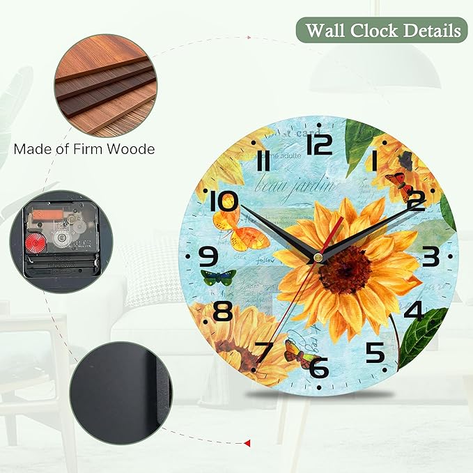 Vintage Teal Sunflower Wall Clock for Bathroom,Sunflower Wall Clocks Silent Non-Ticking Battery Operated Clock 10 Inch,Wall Clocks Decorative for Living Room,Kitchen,Office