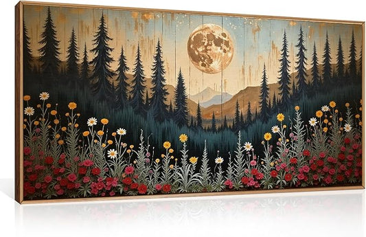 Vintage Moon Forest Framed Canvas Wall Art Set, Wildflower Forest Mountain Wall Decor, Nature Pine Tree Wall Painting, Colorful Floral Art Prints for Living Room, Bedroom, Office - 20"X40"