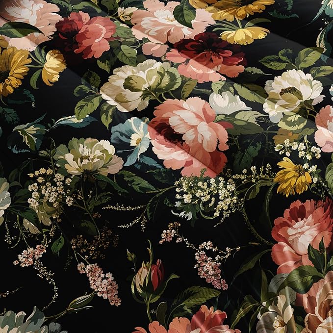 Black Floral Comforter Set Twin Colorful Floral Bedding Sets 3PCS for Kids Teen Adult Flowers Leaves Room Decor Ultra-Soft Lightweight Microfiber 1 Comforter with 2 Pillowcases