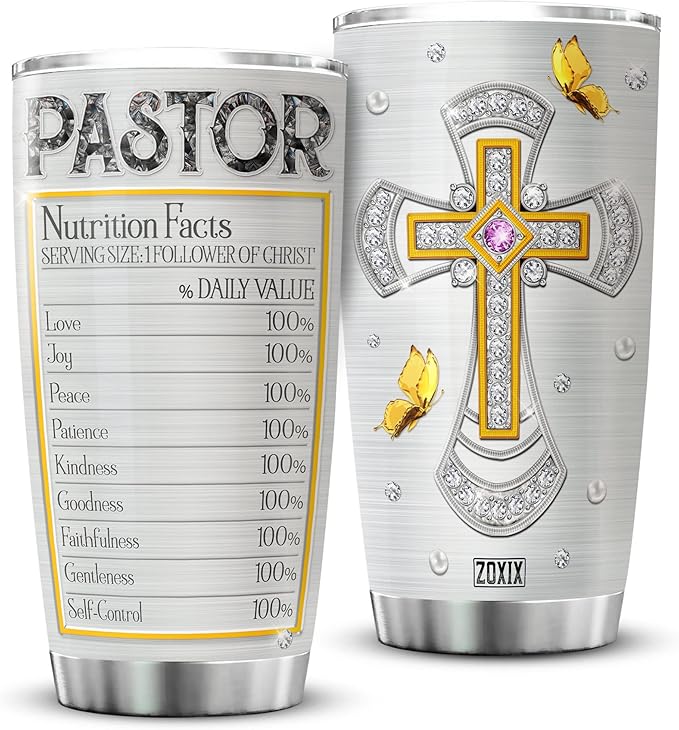 ZOXIX Pastor Tumbler For Men Nutrition Fact Cup With Lid 20oz Jewelry Style Christian Cross Stainless Steel Tumblers For Pastors Ministers Preachers Faith Gifts For Men Religious
