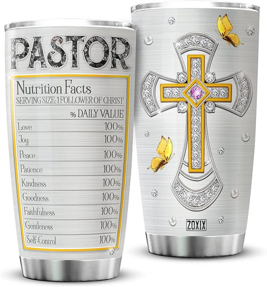 ZOXIX Pastor Tumbler For Men Nutrition Fact Cup With Lid 20oz Jewelry Style Christian Cross Stainless Steel Tumblers For Pastors Ministers Preachers Faith Gifts For Men Religious
