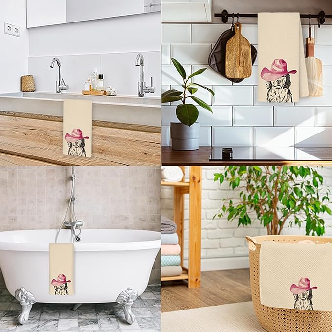Western Golden Retriever Kitchen Towels, Gifts for Golden Retriever Lovers Hand Towels for Bathroom Kitchen, Pink Cowgirl Hat Dog Decorative Dish Towels Drying Cloth, 16x24 Inch