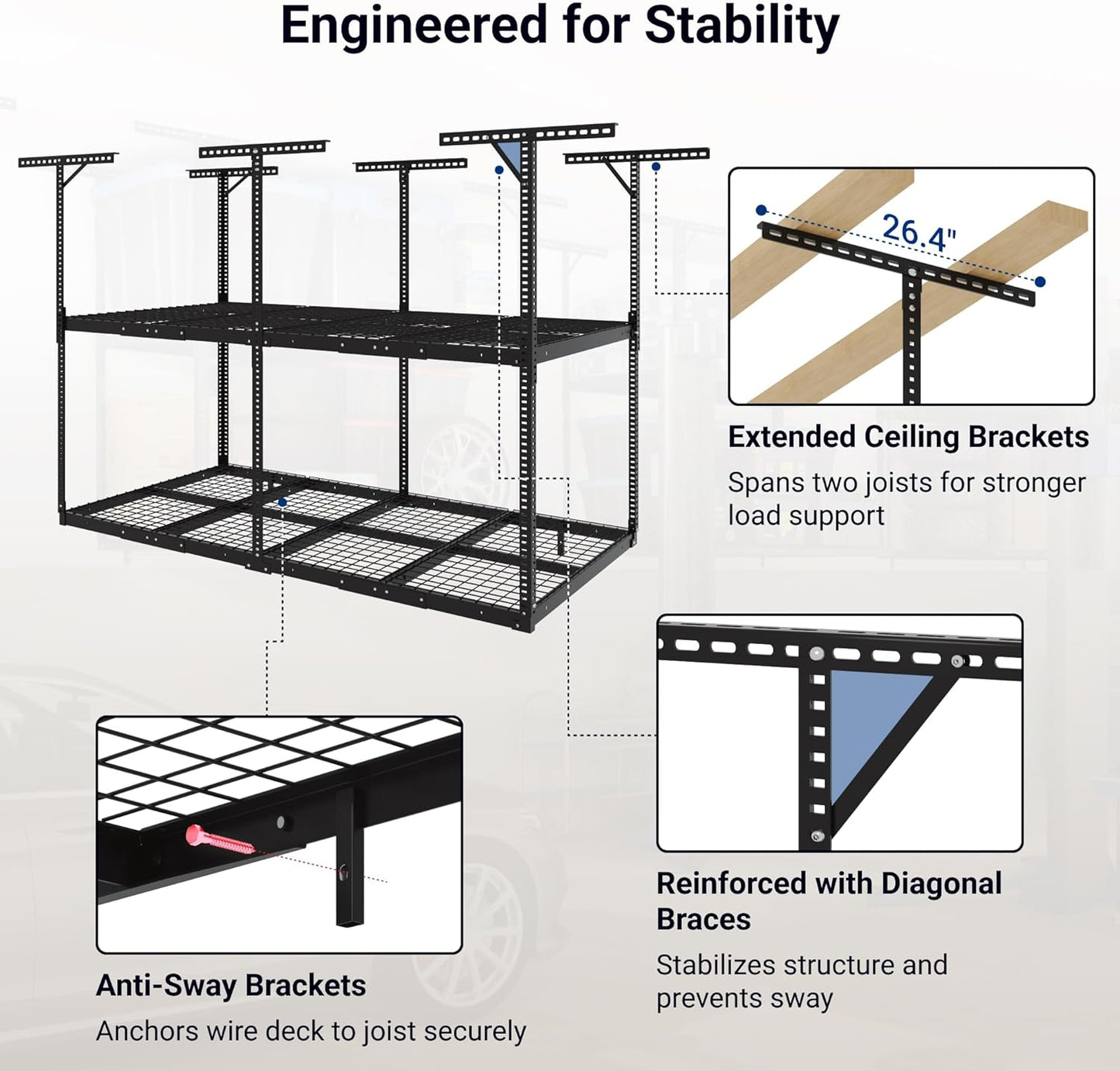 FLEXIMOUNTS 4x8 2-Tier Overhead Garage Storage Rack – Adjustable Heavy Duty Metal Garage Ceiling Storage Racks, 1000 lbs Capacity – Garages Organization System for 10–15 ft Tall Garages, Black