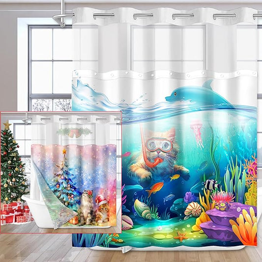 Vimorco No Hook Shower Curtain and Liner Set, 2 Interchangeable Patterns Shower Curtain with Snap (Christmas Tree Cat & Cute Diving Cat) Fabric Waterproof, 71x74 Inch, 2025 New