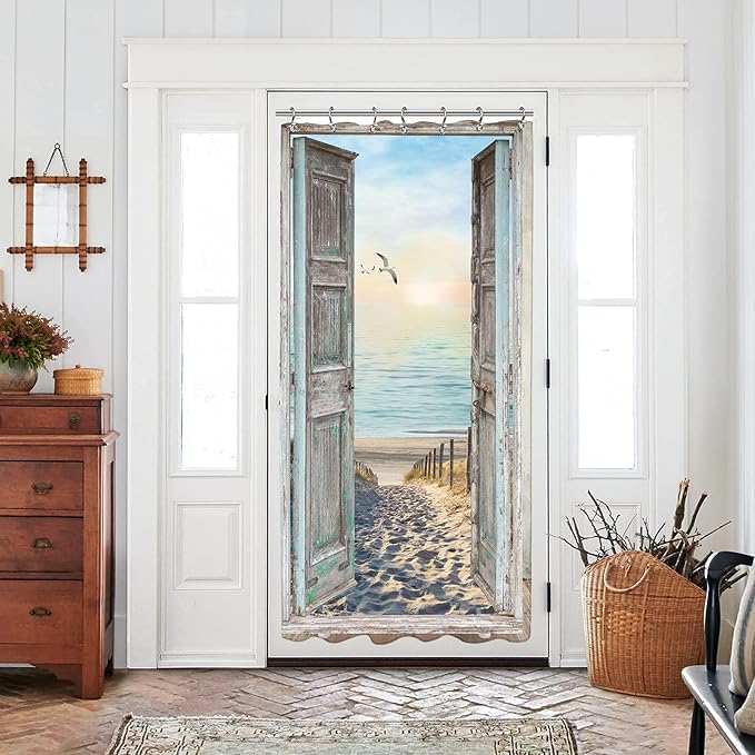 Yookeb Stall Beach Coastal Seaside Bathroom Shower Curtain 36W by 71H Inch Half Ocean Rv Hawaiian Sea Sunset Narrow Barn Door Scenery Rustic Landscape Polyester 7 Plastic Hooks Waterproof Decor