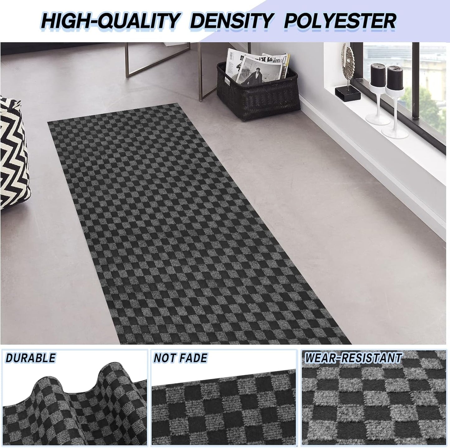 Custom Size Backed Non-Slip Area Rugs Runner, Easy Clean, Waterproof Runner Rugs for Hallway Entryway, Kitchen, Laundry, 4FT x 5FT, Gray Checkered