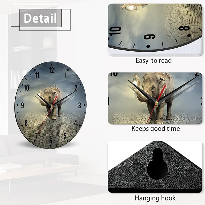 SPUNKER Wall Clock,Elephant Wall Clocks,African Animals Lantern Battery Operated Wall Clock Silent Non-Ticking Decorative for Home Kitchen Bathroom Living Room Bedroom Office 10 Inch