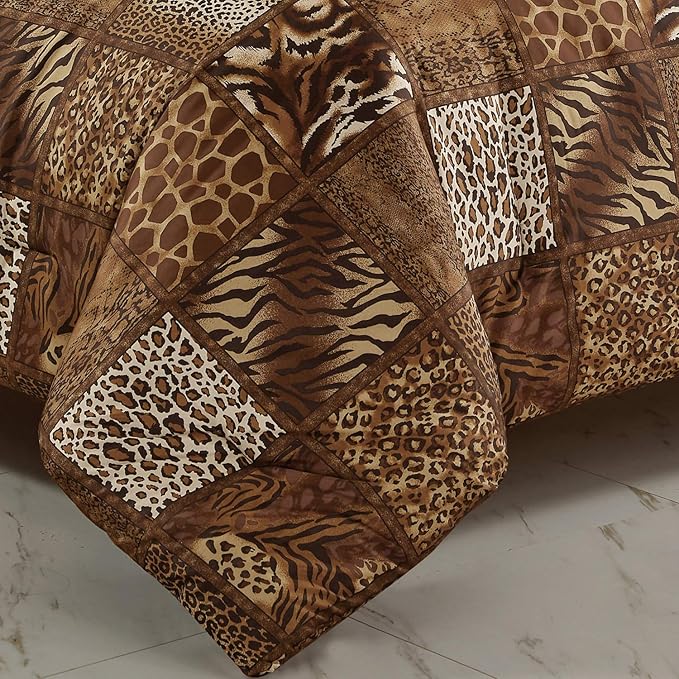 WPM 2 Piece Animal Print Comforter with Pillow Sham, Chocolate Brown Leopard Zebra Giraffe Jungle Forest Theme Design Twin Size Bedding- Safari (Brown, Twin)